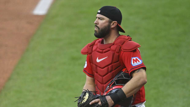 Sep 23, 2023; Cleveland, Ohio, USA; Cleveland Guardians catcher Cam Gallagher (35) stands on the field in the third inning against the Baltimore Orioles at Progressive Field.